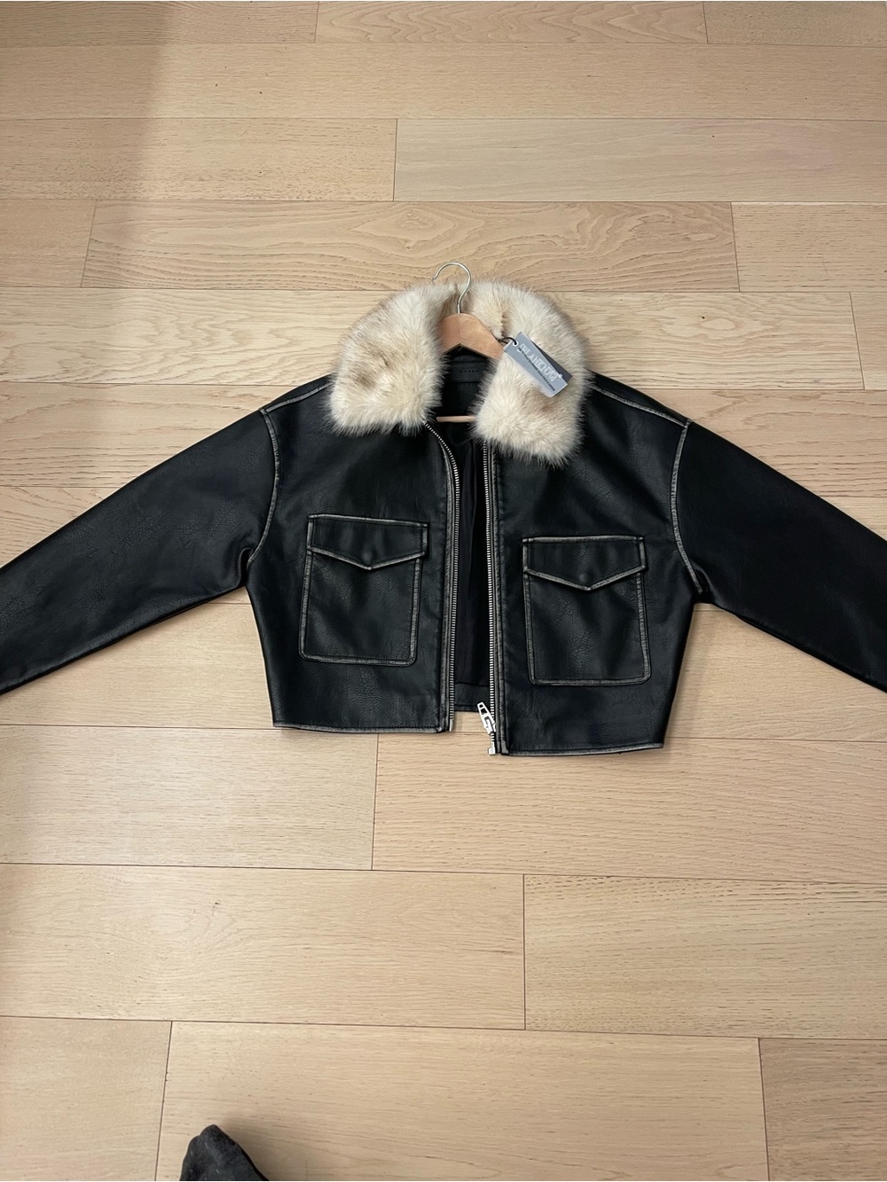 Blank NYC Black Cropped Leather Jacket with Cream Fur Collar